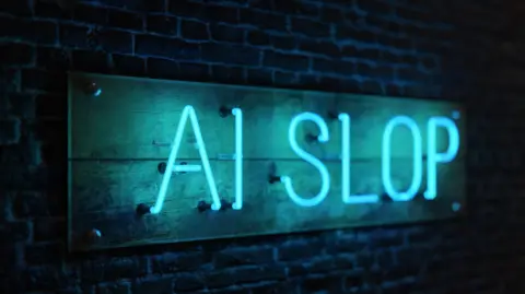 Thin blue neon letters fixed to a brick wall read: 'AI SLOP'.