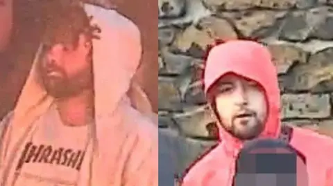 The picture shows 2 seperate images of men. The one on the left is wearing a white t-shirt with a white hoody, He has curly brown hair and a dark beard. The man on the right is wearing a red and white jacket with his hood up over his head. He has a goatee style beard. 