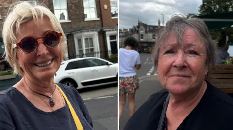 Gemma Dillon/BBC On the left is a woman wearing a navy top, with a yellow bag strap across her chest. She has short grey hair and is wearing sunglasses. 
To the right is a lady with short grey hair and a black top. In the background of both images is a street.  