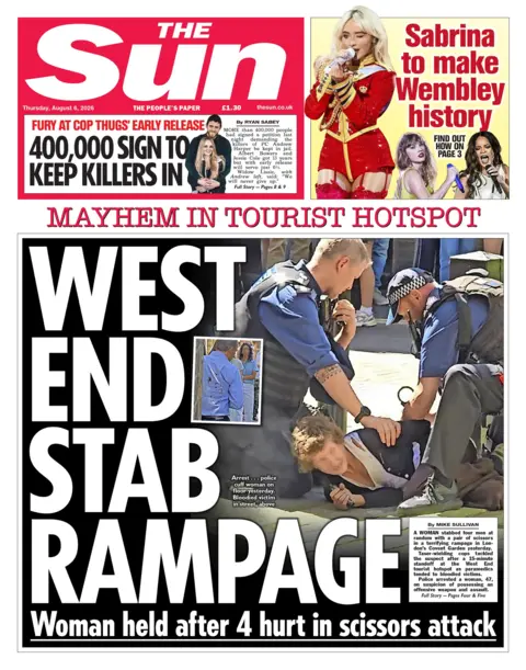 "West End stab rampage" reads the headline on the front page of the Sun.