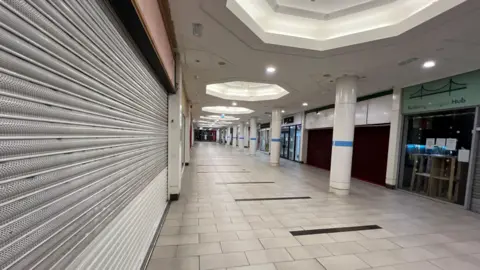 This is a long shot looking down one of the main grey stone-paved walkways at the Nicholsons Centre. The cold grey steel shutters to the left of the picture are closed and while light is coming in through the skylights, none of the lights are on in any of its shops. It's a desolate scene. 