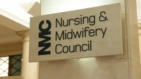 An Nursing and Midwifery Council sign, possibly made of marble, outside its offices.
