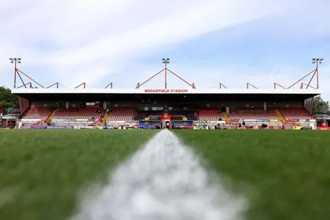 Crawley Town's Broadfield Stadium from pitch view level on the halfway line