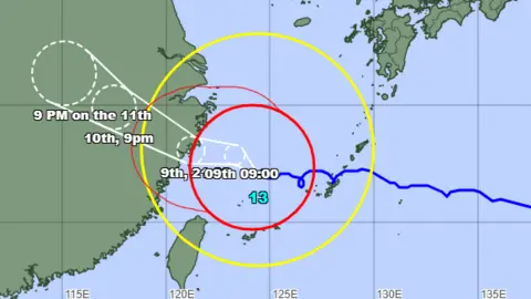 Japan Meteorological Agency A map showing the potential storm track of Typhoon Dolphin as it moves away from southern Japan and towards China.