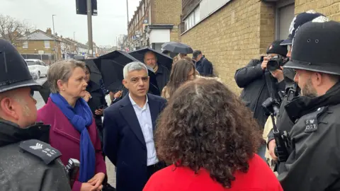 Tim Donovan/BBC Sadiq Khan and shadow home secretary Yvette Cooper on a walkabout in south London