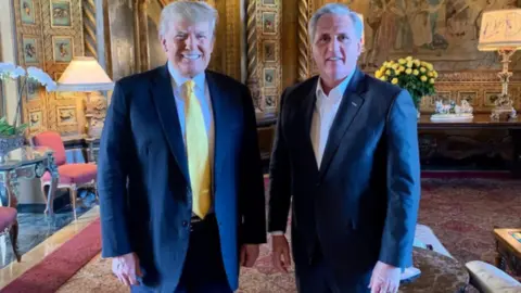 Save America PAC Former US President Donald Trump (left) and House Minority Republican Leader Kevin McCarthy at Mar-a-Lago, Florida. Photo: 28 January 2021