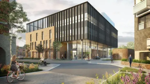 Sunderland City Council Artist's impression of the new eye hospital in Sunderland. The building has a few floors and features a glass entrance way. A number of people are entering and leaving the building and a woman is riding a bike in the foreground.