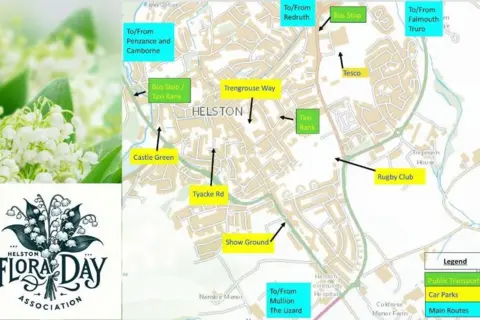 Helston Flora Day Association A map of Helston labelled with the Helston Flora Day Association logo. The map shows bus stops, taxi ranks, car parks and main routes from other parts of Cornwall to the town.