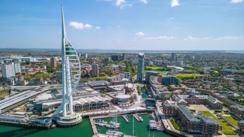 An aerial shot showing Portsmouth harbour