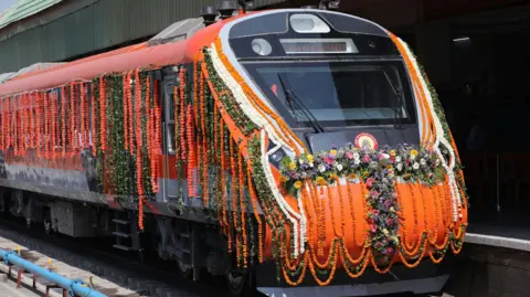 EPA A Vande Bharat train is stationed at Nowgam Railway Station in Srinagar, the summer capital of Indian-administered Kashmir, 06 June 2025.