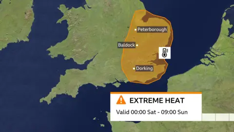 A graphic showing an area of the east and south-east UK where an amber extreme heat warning is in effect until 09:00 on Sunday.