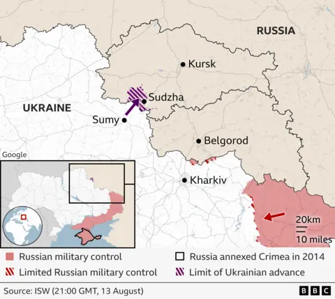 Mapa mostrando as incursões da Ucrânia na Rússia