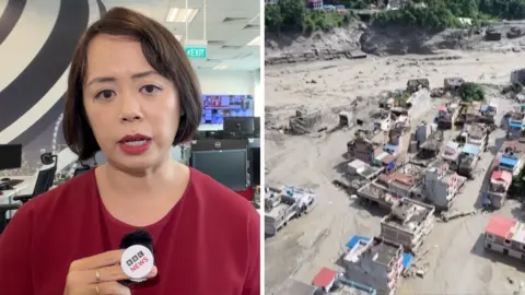 Splitscreen showing reporter Tessa Wong on the left and flooded town on the right