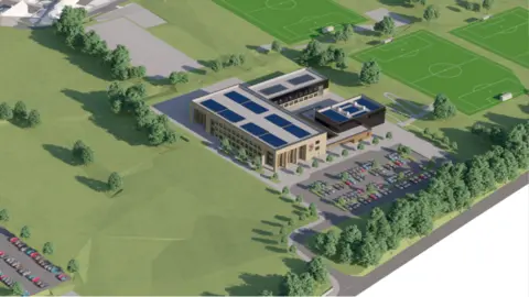 Northumberland County Council Another possible design for the new school, as shown in this computer -generated image. The building consists of a rectangular main building with two smaller wings on both sides that create a central courtyard. In the foreground is a parking space on the left; In the background to the right three soccer fields.