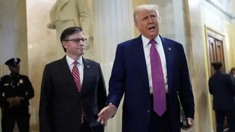 Mike Johnson and Trump are standing a hallway in the Capitol. Trump is speaking and gesturing with his hand as Johnson looks on. They are both wearing dark suits with red ties. 