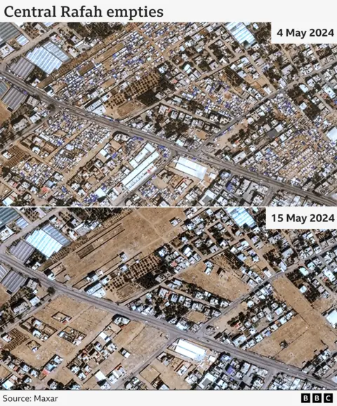 Kabla na baada ya picha ya setilaiti ya Rafah ya kati, inayoonyesha jinsi malazi ya muda na mahema yalivyotawanywa kati ya tarehe 4 Mei 2024 na 15 Mei 2024