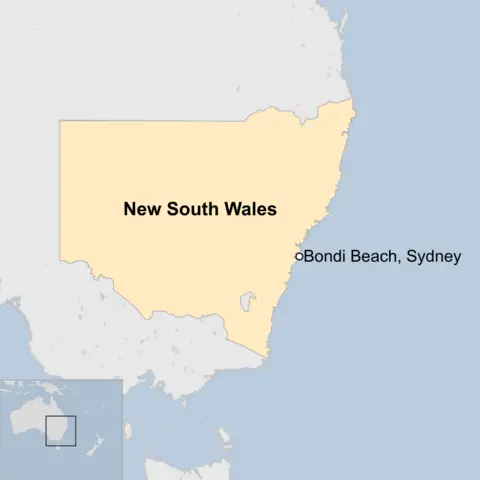 Map showing Bondi Beach in New South Wales, Sydney