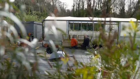 BBC/Gwyndaf Hughes 温室前有两人跪着的照片
