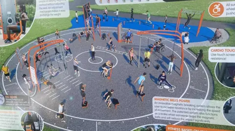 A design for the bowling green plans a circular concrete area covering a large part of the grassland. There is a range of orange metal gym equipment. It is called Elvet Park fitness and has written detail about chest press, cardio touch screen and magnetic bells power at the facility.