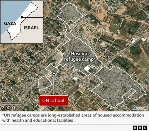 Map showing location of UN school hit in Nuseirat refugee camp that was Israeli strike on 6 June 2024