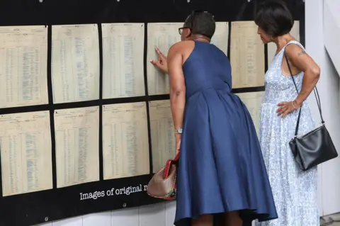 Reuters Visitors view images of the original passenger list at the exhibition space alongside the dock of Port of Tilbury