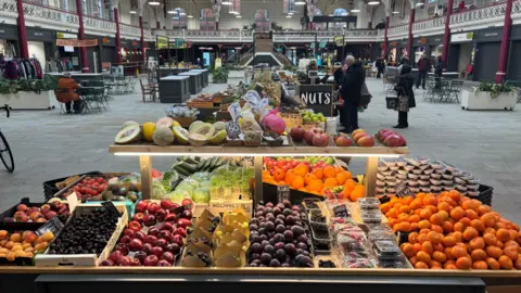 Fruit laid out on a stall at the Market Hall.