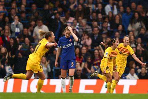 Barcelona's Aitana Bonmati celebrates scoring against Chelsea