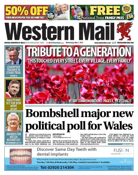 Western Mail The Western Mail front page, the main image of which are poppies, under a headline reading "Tribute to a generation". The main story has the headline "Bombshell major new political poll for Wales". 