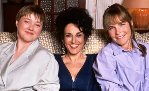 Pauline Quirke as Sharon Theodopolopodous, Lesley Joseph as Dorien Green and Linda Robson as Tracey Stubbs