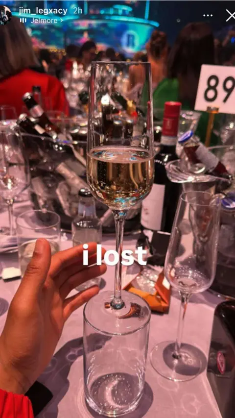 Instagram Jim Legxacy's post showing a champagne glass with the caption 'I lost'