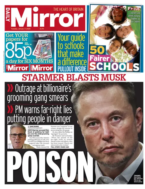 The headline in the Mirror reads: "Starmer blasts Musk".