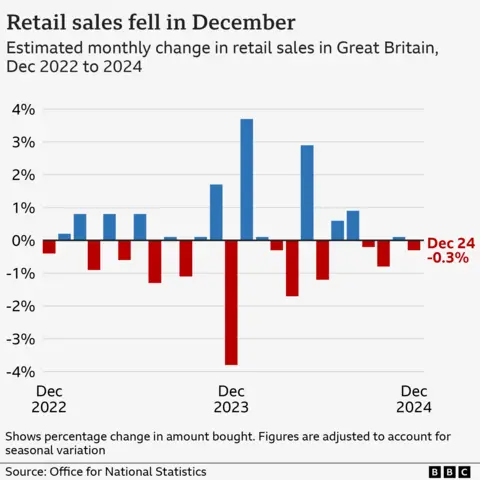 Bar chart showing seasonally-adjusted monthly change in the volume of retail sales in Great Britain, from December 2022 to December 2024. The monthly change fluctuated between roughly 1% and -1% between December 2022 and October 2023, and then rose to 1.7% in November, before dipping to -3.8% in December and rebounding again to 3.7% in January. The monthly change gradually fell after that, dipping to -0.3% in December 2024 after a slight rise of 0.1% the previous month.