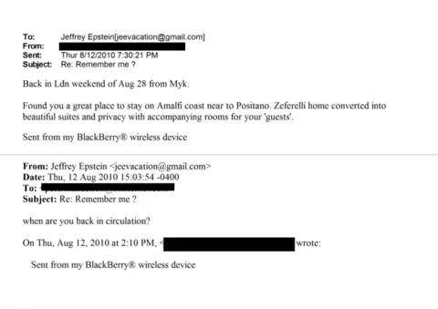 US Department of Justice A screenshot of the email which says: "Found you a great place to stay on the Amalfi coast near to Positano. Zeferelli home converted into beautiful suites and privacy with accompanying rooms for your 'guests'".