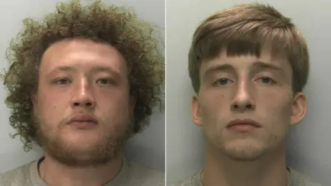 Devon and Cornwall Police Police mugshots of Zac Davies and Dylan Chadwick, who are both men in their mid-20s. Davies has light brown curly hair and a beard. Chadwick has short brown hair.