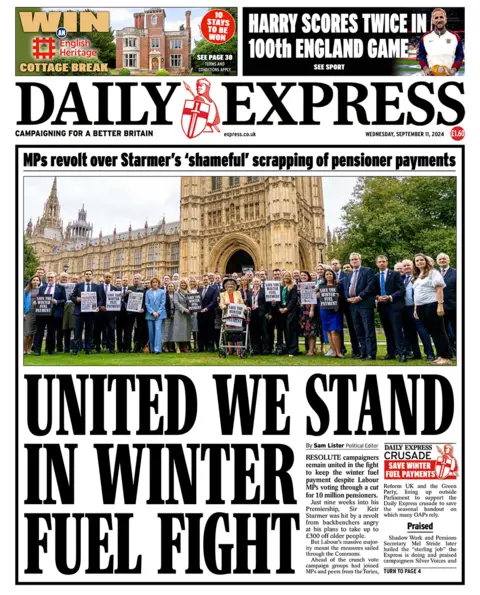 Primeira página do Daily Express com a manchete "Unidos venceremos a luta pelo combustível no inverno"