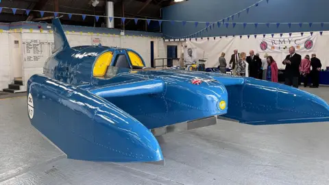 The Bluebird craft in a hangar at the Royal Motor Yacht Club in Poole