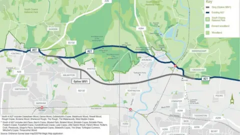 Highways England Proposed route of the A27 Arundel bypass to avoid the South Downs national park