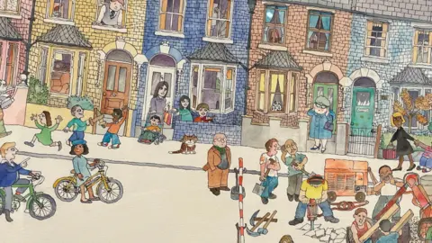 Mr Benn / David McKee Festive Road with characters playing and talking outside