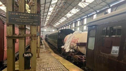 Inside a heritage railway exhibition hall