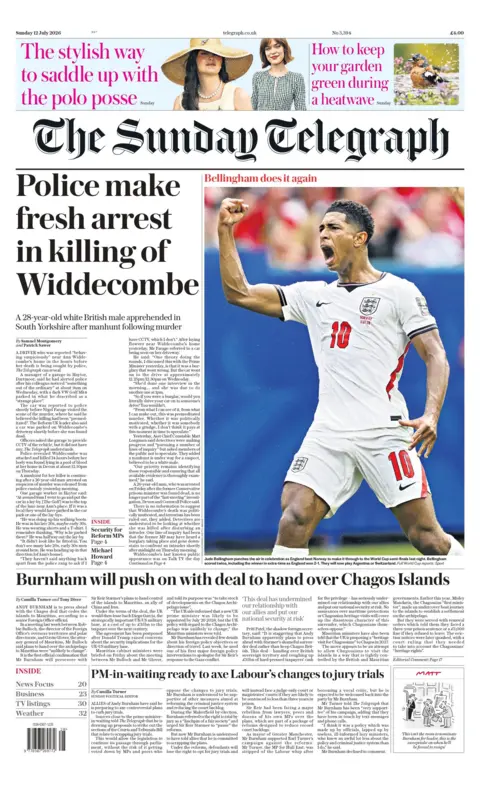 "Police make fresh arrest in killing of Widdecombe," reads the headline on the front page of the Sunday Telegraph.