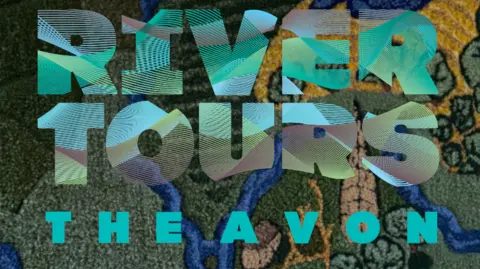 Stan's Cafe/Craig Stephens The background of the picture portrays fields along a river that is embroidered in dark blue. The lettering is superimposed and reads River Tours The Avon