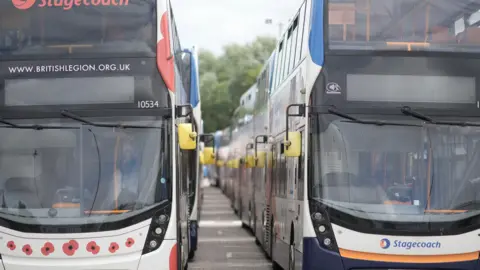 Two rows of buses lined up facing the camera at a bus depot