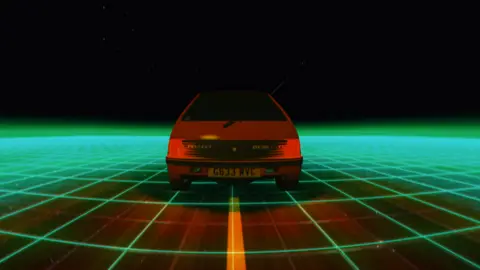 In Pursuit of Repetitive Beats A red G-reg Peugeot 205 on a green digital grid is part of the the VR experience