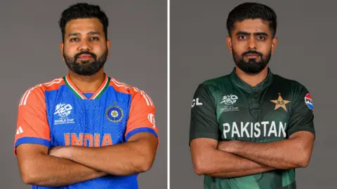 A split graphic of India captain Rohit Sharma and Pakistan's Babar Azam