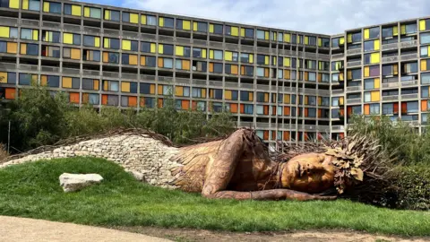 BBC/Kat Cowen A large wooden sculpture lies on the grass in-front of a huge colourful block of flats.
