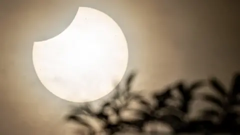 The sun sits above treetops over the skies of Bristol during a partial solar eclipse