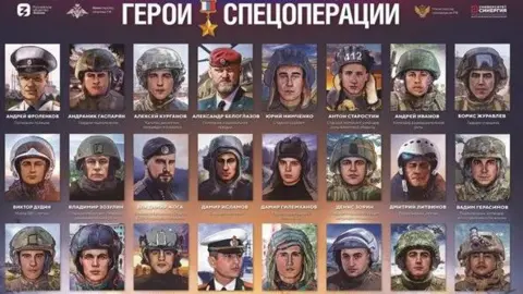 Geroi Spetsoperatsii A graphic novel picture shows a group of Russian military men described as heroes of the special military operation