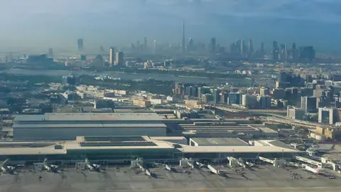 Getty Images View of Dubai airport with city in background