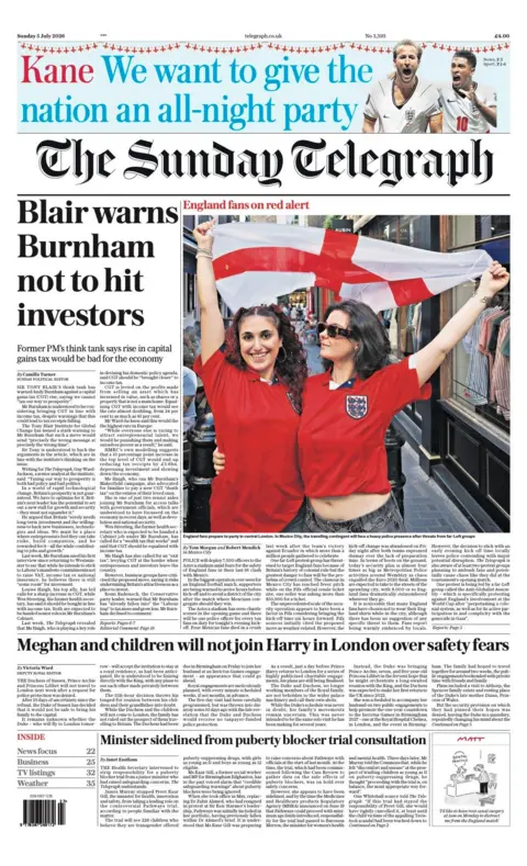 The headline on the front page of the Sunday Telegraph reads: “Blair warns Burnham not to hit investors”.
