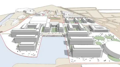 Doncaster Council An artist's impression shows a pencil sketch of several tall buildings clustered around water